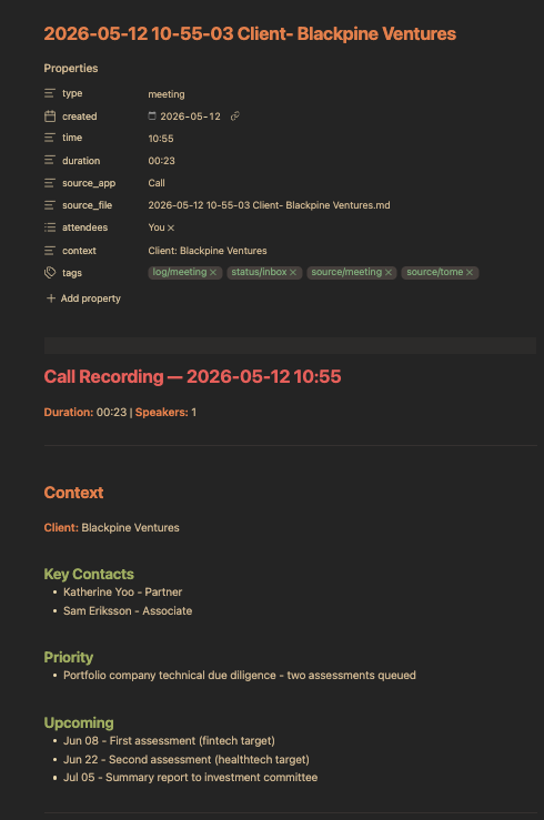 A Detto transcript opened in Obsidian as a markdown note with YAML frontmatter properties and a structured call recording